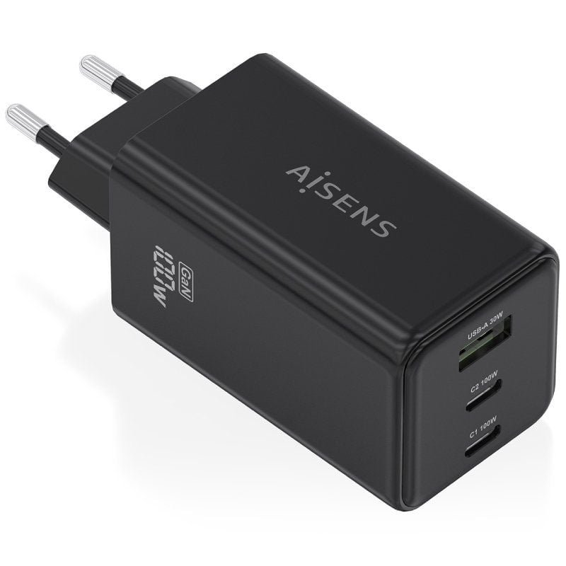 Carregador de Parede GaN Aisens ASCH-100W3P052-BK | 2x USB Tipo-C | 1x USB | 100W