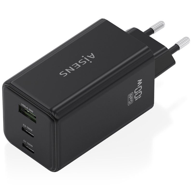 Carregador de Parede GaN Aisens ASCH-100W3P052-BK | 2x USB Tipo-C | 1x USB | 100W