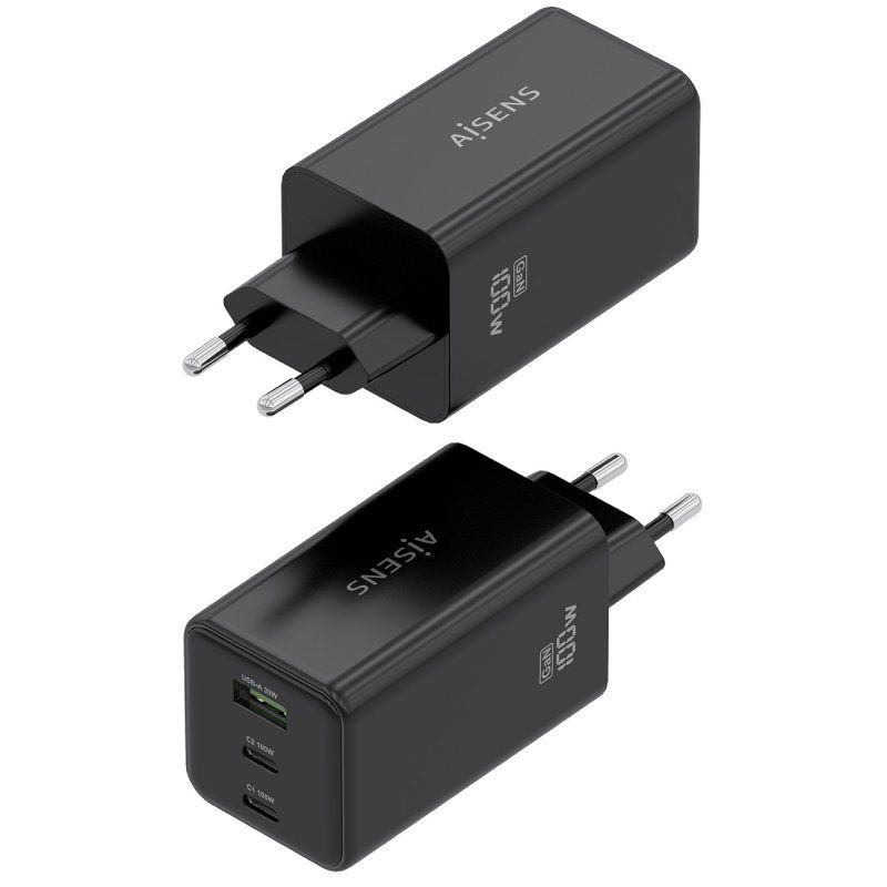 Carregador de Parede GaN Aisens ASCH-100W3P052-BK | 2x USB Tipo-C | 1x USB | 100W