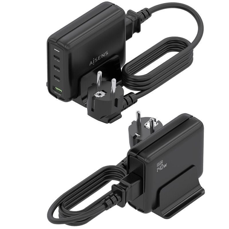 Cargador Sobremesa GaN Aisens ASCH-140W4P056-BK| 3xUSB Tipo-C| 1xUSB| 140W