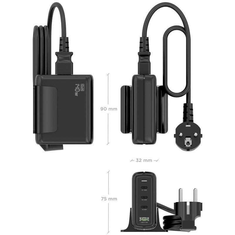 Cargador Sobremesa GaN Aisens ASCH-140W4P056-BK| 3xUSB Tipo-C| 1xUSB| 140W
