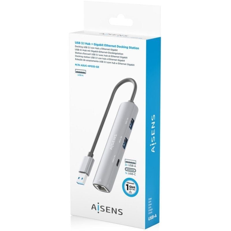 Aisens USB Hub-4P035-GR| 1xUSB Tipo-c| 2xUSB| 1xrj45| Cinzento