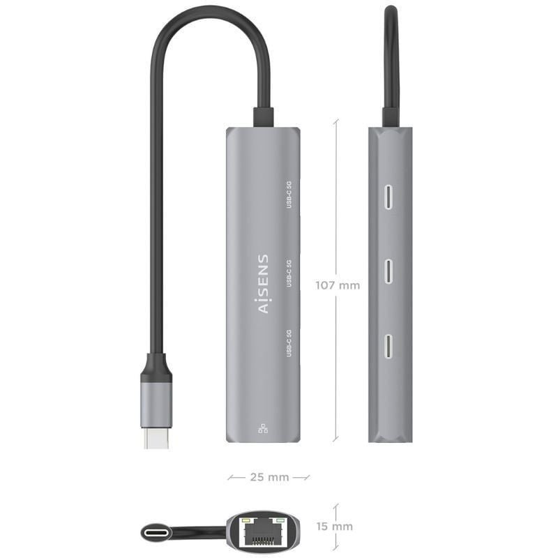 Hub USB Tipo-C Aisens ASUC-4P041-GR| 3XUSB Tipo-c| 1xrj45| Cinzento
