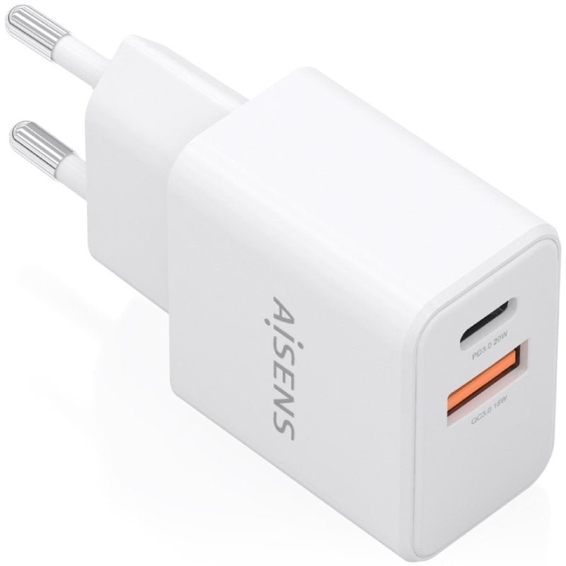 Carregador de parede Aisens A110-1025 GaN | 1xUSB Tipo C | 1xUSB | 20W| Branco