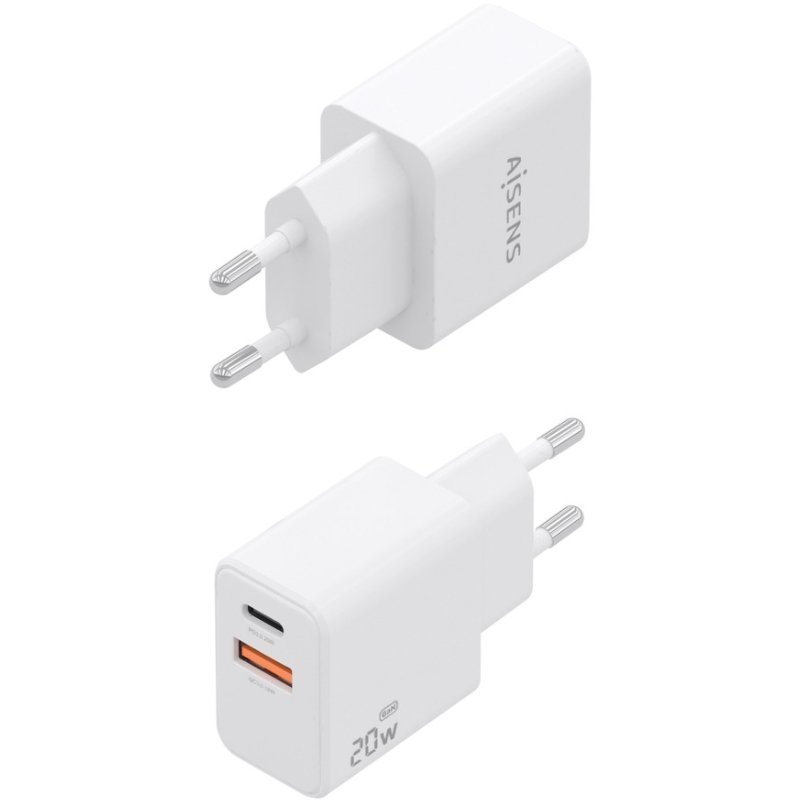 Carregador de parede Aisens A110-1025 GaN | 1xUSB Tipo C | 1xUSB | 20W| Branco