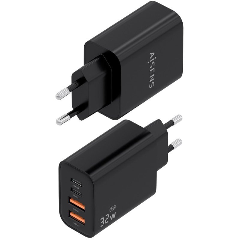 Carregador de parede Aisens A110-1028 GaN | 2xUSB Tipo-C | 2xUSB | 32W| Preto