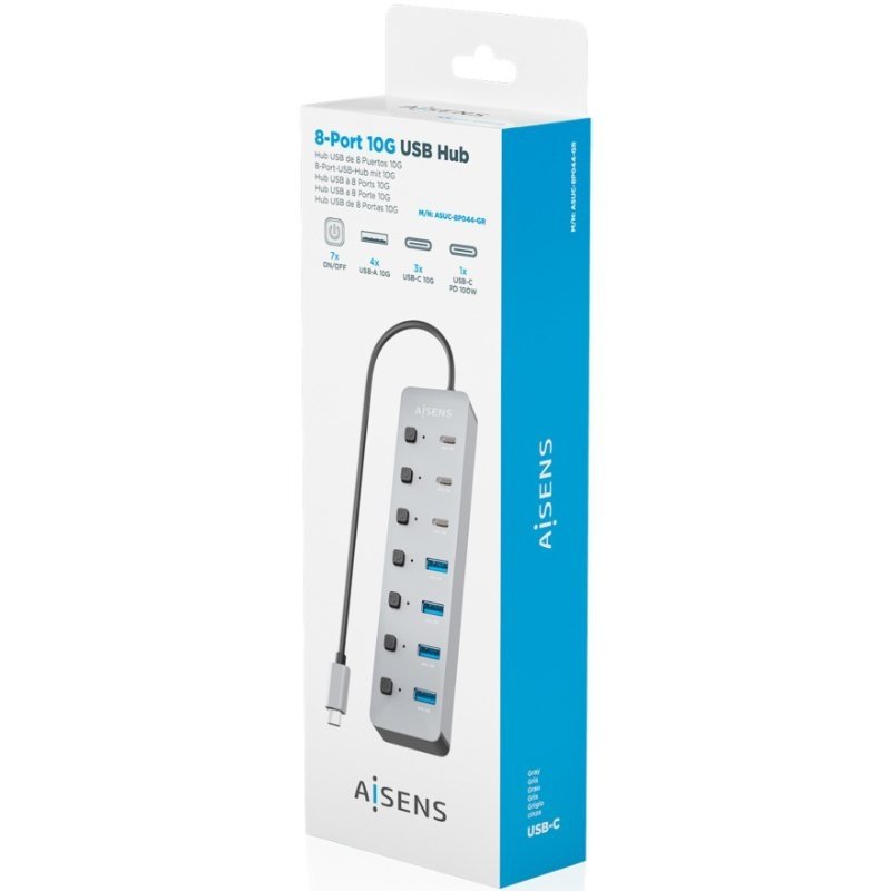Hub USB Tipo-C 3.2 Aisens ASUC-8P044-GR| 4xUSB| 3XUSB Tipo-c| 1xUSB Tipo-C PD| Cinzento