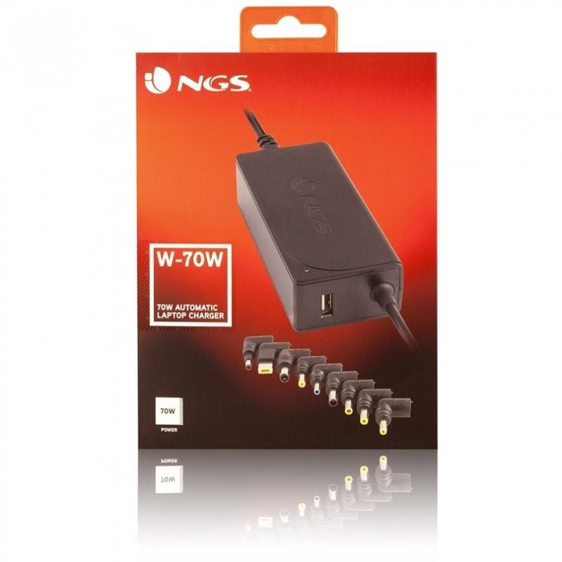 Carregador de portátil NGS W-70W| 1xUSB| 70W| Automático| 9 conectores| Tensão 18,5-20V