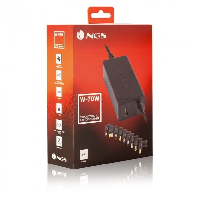 Carregador de portátil NGS W-70W| 1xUSB| 70W| Automático| 9 conectores| Tensão 18,5-20V
