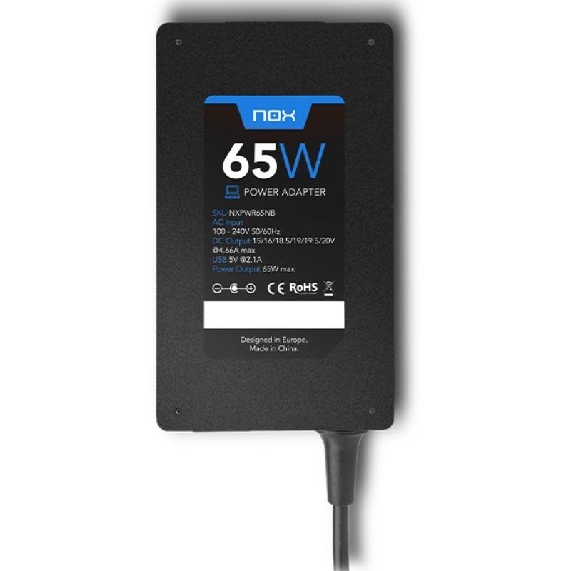 Carregador de portátil Nox 65W| 65W| 1xUSB| Automático| 10 conectores| Tensão 15-20V