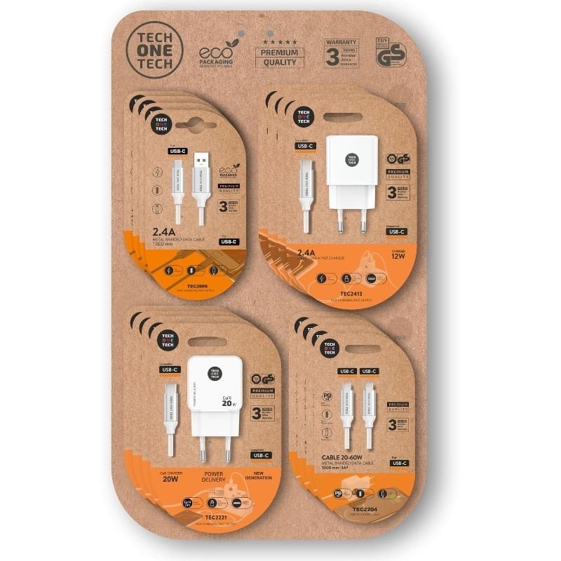 Expositor de carregadores GaN e Cabos Tech One Tech EKO 400801| 4 ganchos| Inclui 16 Produtos