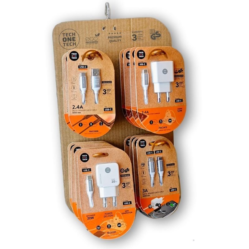 Expositor de carregadores GaN e Cabos Tech One Tech EKO 400801| 4 ganchos| Inclui 16 Produtos