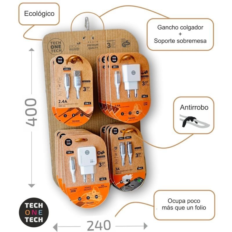 Expositor de carregadores GaN e Cabos Tech One Tech EKO 400801| 4 ganchos| Inclui 16 Produtos