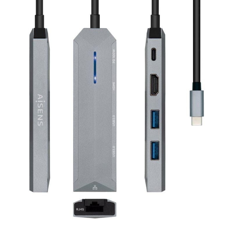 Docking USB Tipo-C Aisens ASUC-5P003-GR| 1xHDMI 4K| 2xUSB| 1xRJ45| 1xUSB Tipo-C PS| Cinza