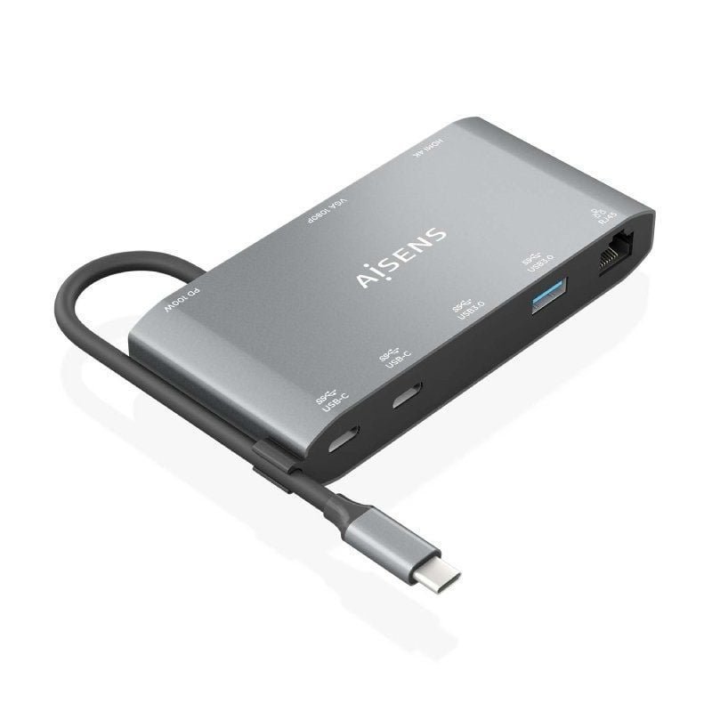 Docking USB Tipo-C Aisens ASUC-8P010-GR| 1xHDMI 4K| 1xVGA| 2xUSB| 1xRJ45| 2xUSB Tipo-C| 1xUSB Tipo-C PS| Cinza