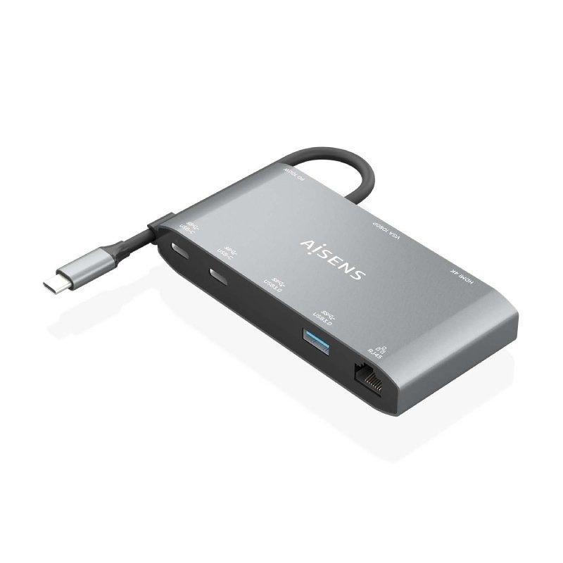 Docking USB Tipo-C Aisens ASUC-8P010-GR| 1xHDMI 4K| 1xVGA| 2xUSB| 1xRJ45| 2xUSB Tipo-C| 1xUSB Tipo-C PS| Cinza