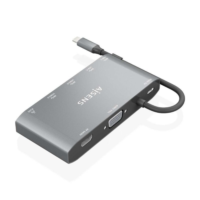 Docking USB Tipo-C Aisens ASUC-8P010-GR| 1xHDMI 4K| 1xVGA| 2xUSB| 1xRJ45| 2xUSB Tipo-C| 1xUSB Tipo-C PS| Cinza