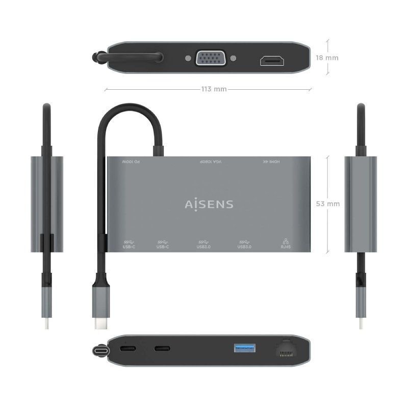 Docking USB Tipo-C Aisens ASUC-8P010-GR| 1xHDMI 4K| 1xVGA| 2xUSB| 1xRJ45| 2xUSB Tipo-C| 1xUSB Tipo-C PS| Cinza