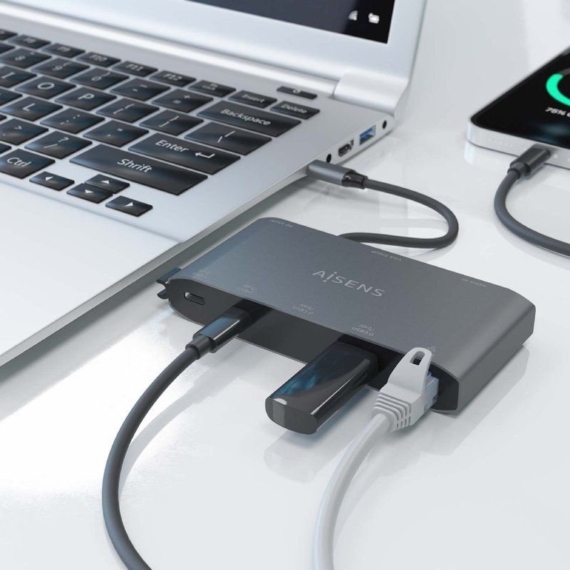 Docking USB Tipo-C Aisens ASUC-8P010-GR| 1xHDMI 4K| 1xVGA| 2xUSB| 1xRJ45| 2xUSB Tipo-C| 1xUSB Tipo-C PS| Cinza
