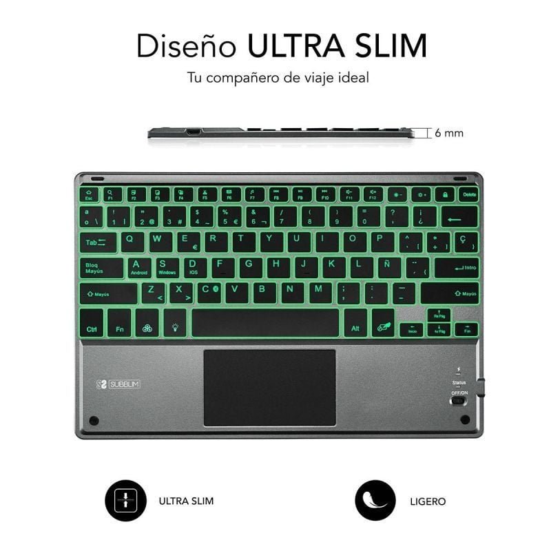 Subblim Wireless Compact Teclado Touchpad Smart BlackLit | Cinzento