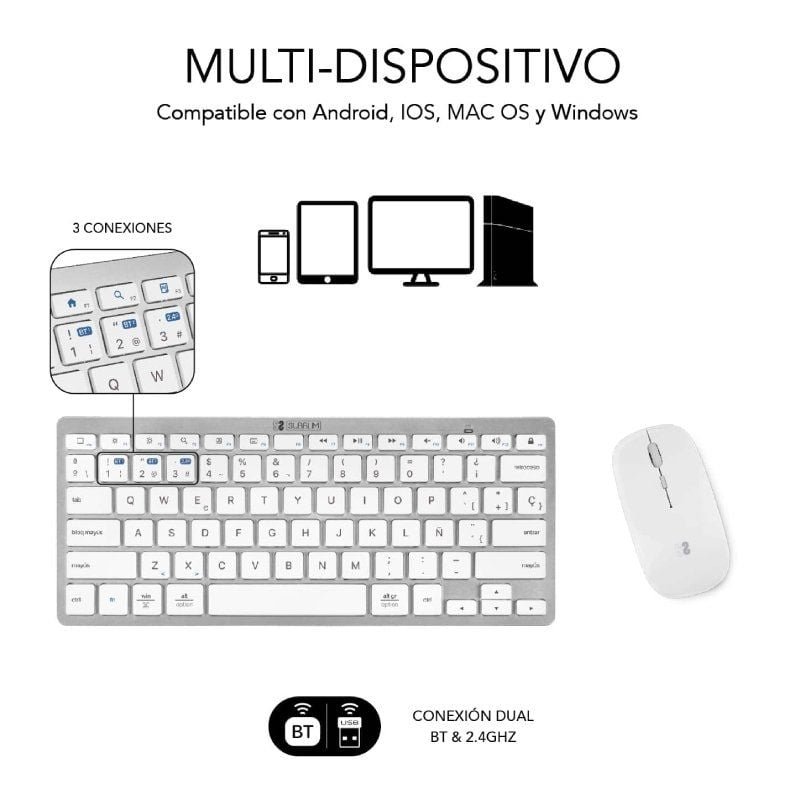 Subblim Wireless Keyboard and Mouse OCO010 Compact Multi-Dvice Combo| Prata
