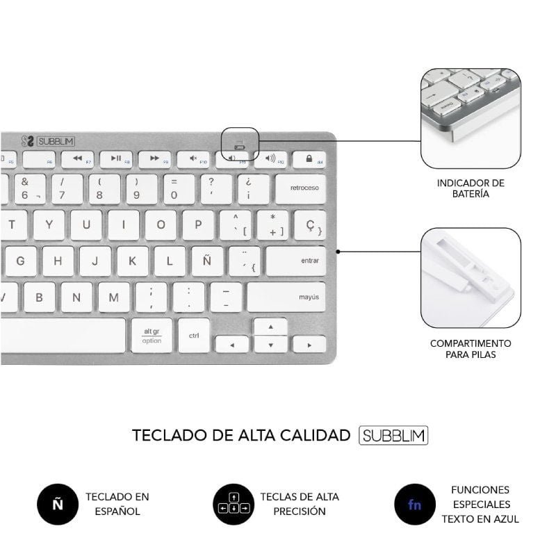 Subblim Wireless Keyboard and Mouse OCO010 Compact Multi-Dvice Combo| Prata