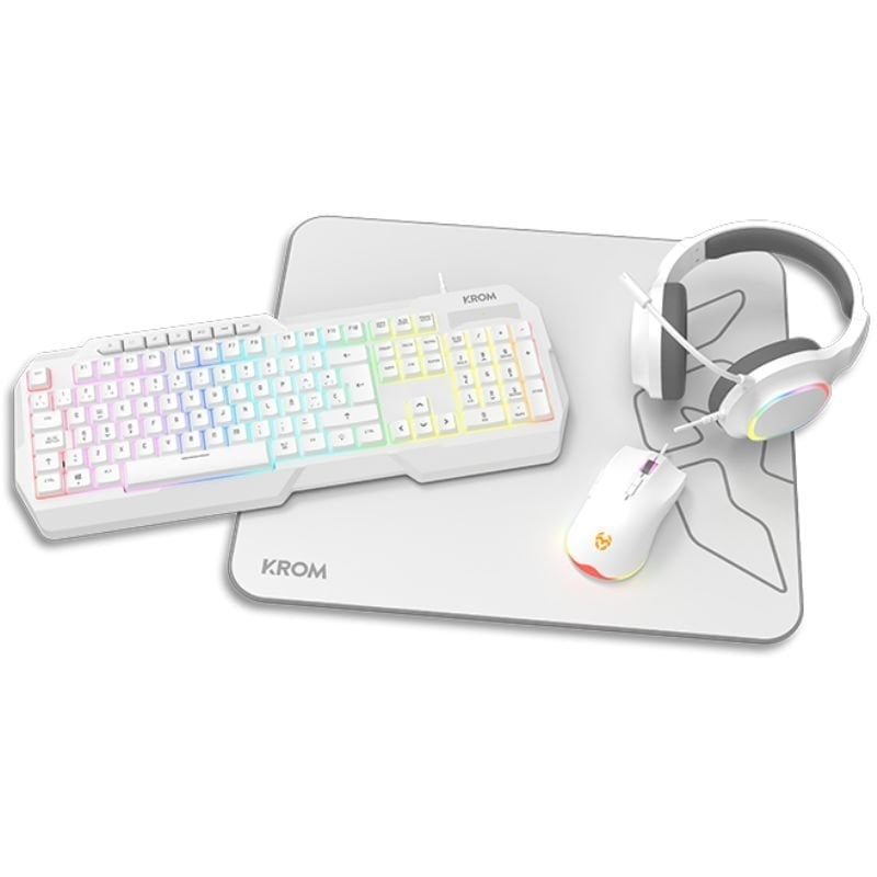 Pack Gaming Krom Kenta| Teclado RGB + Mouse + Tapete + Auriculares| Branco