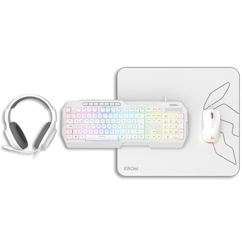Pack Gaming Krom Kenta| Teclado RGB + Mouse + Tapete + Auriculares| Branco