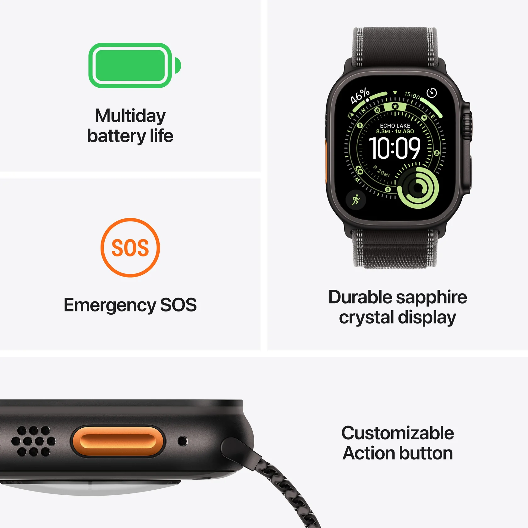 Apple Watch Ultra 3 | GPS| telemóvel| 49mm| Caixa preta de titânio | Cinto S|M preto em loop de trilha