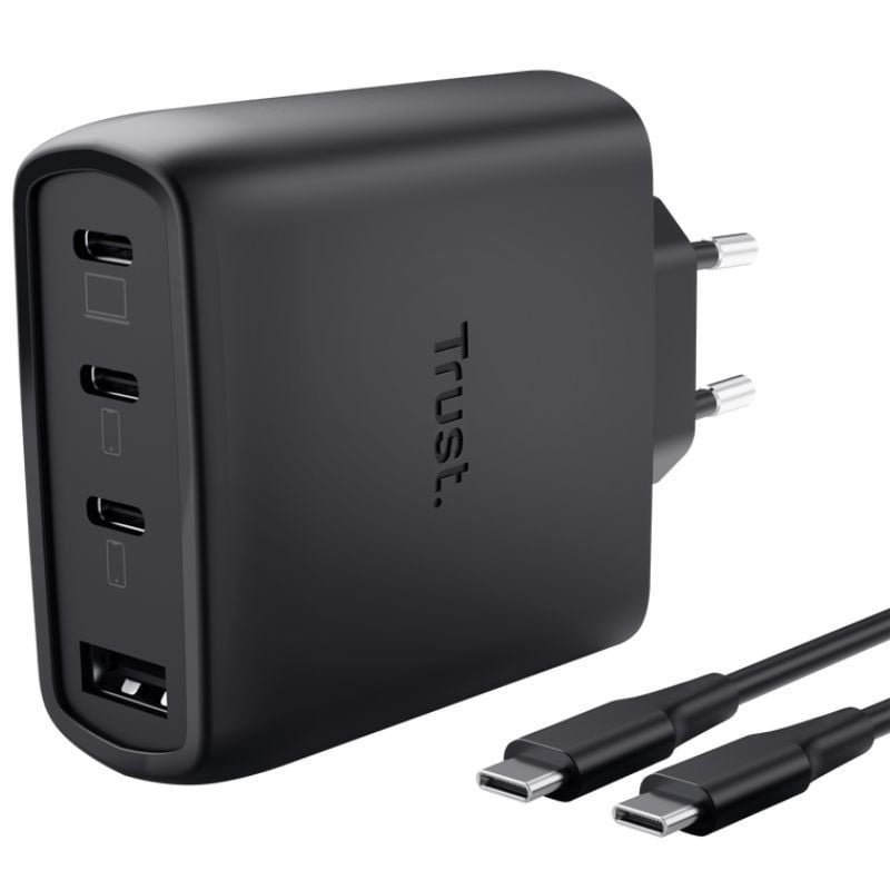 Carregador de Parede GaN Trust Maxo 65W 26067| 3xUSB Tipo-C| 1xUSB| Inclui Cabo USB Tipo-C| 65W