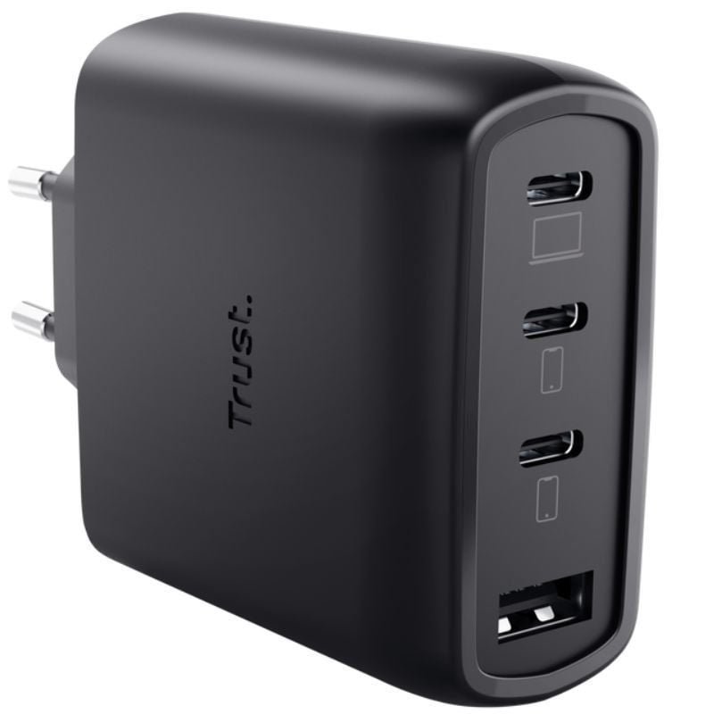 Carregador de Parede GaN Trust Maxo 65W 26067| 3xUSB Tipo-C| 1xUSB| Inclui Cabo USB Tipo-C| 65W