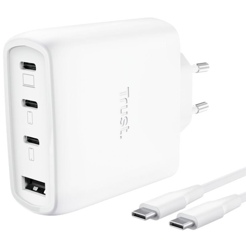 Carregador de Parede GaN Trust Maxo 65W 26068| 3xUSB Tipo-C| 1xUSB| Inclui Cabo USB Tipo-C| 65W
