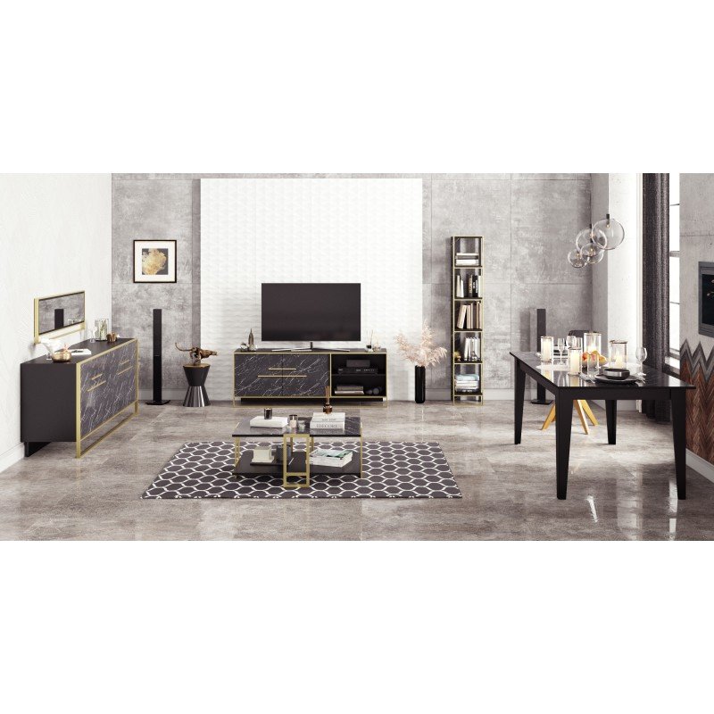 Móvel TV SIENA, bilaminado mármore preto com metal dourado, 160 cms