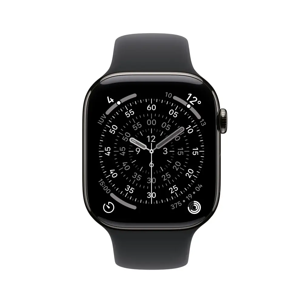 Apple Watch Series 11| GPS| telemóvel| 42mm| titânio preto | Correia esportiva preta de quadro-Preto (S|M)
